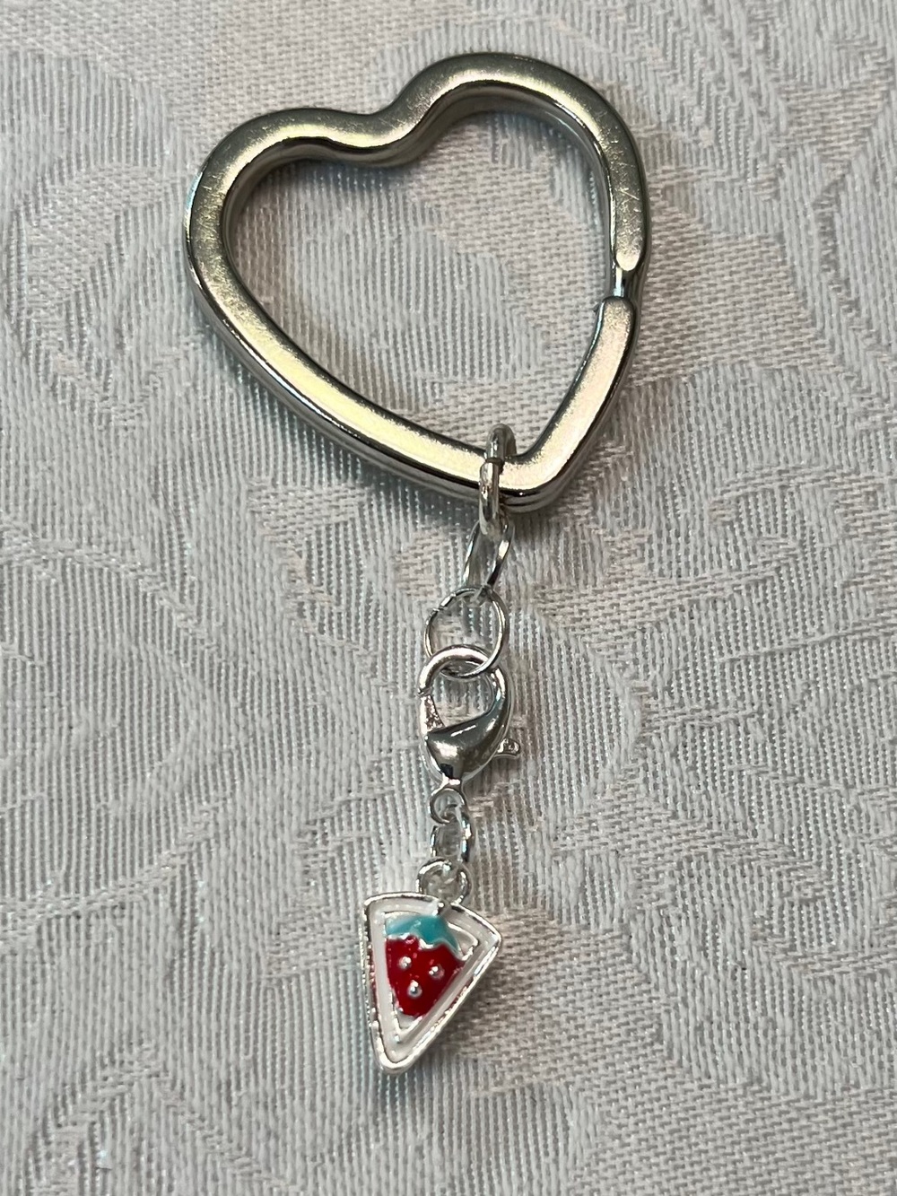 Silver Heart Keyring with Red Strawberry Slice Charm